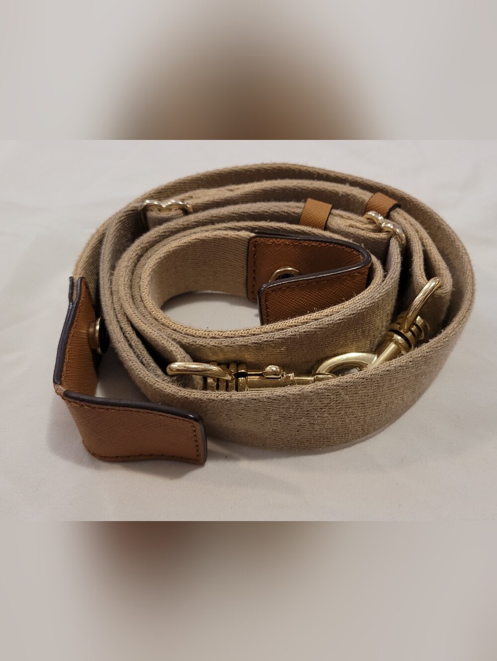 Henri Bendel Jetsetter Adjustable Beige Canvas Bag Strap with Tan Leather Trim